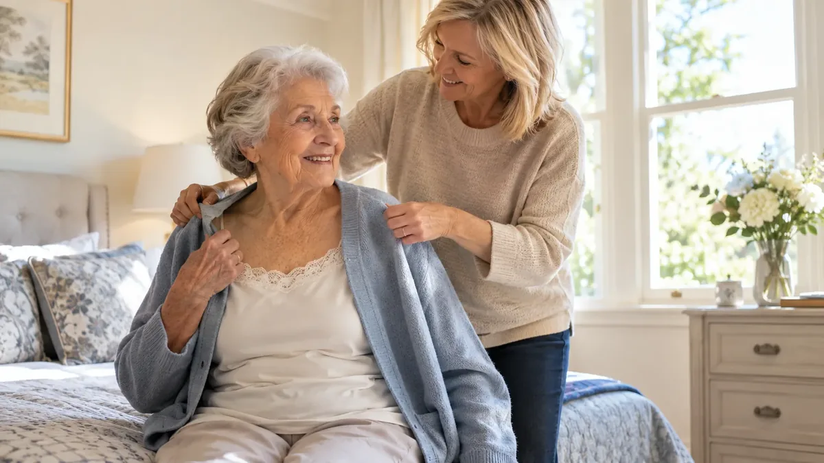 Illustrative photo of an older adult receiving help with outer clothing; not a PAPAHUNE prototype