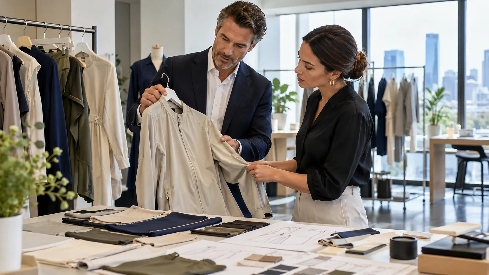Fashion professionals reviewing functional garment samples in a studio