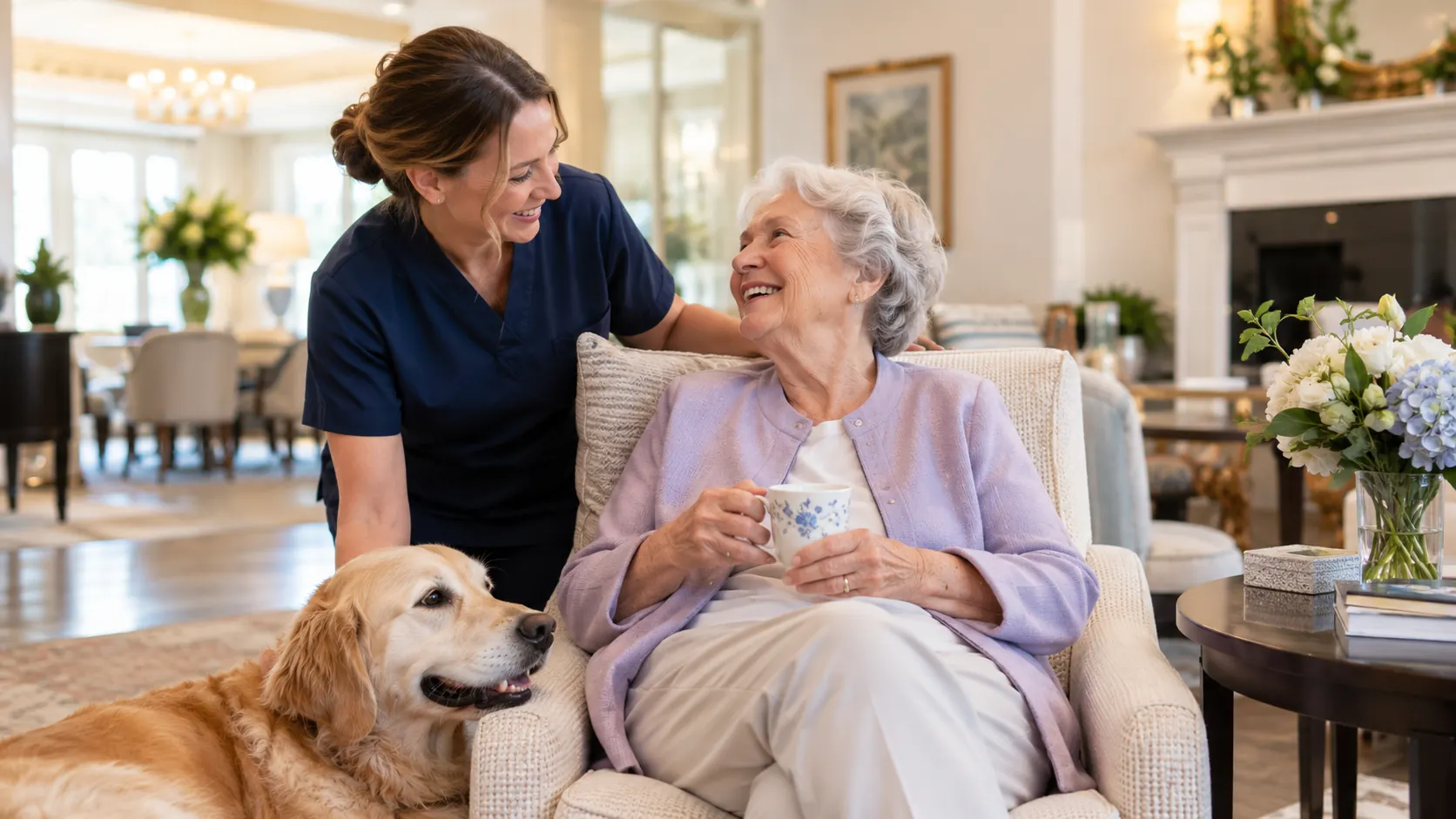 Care worker speaking warmly with a resident in a senior living interior