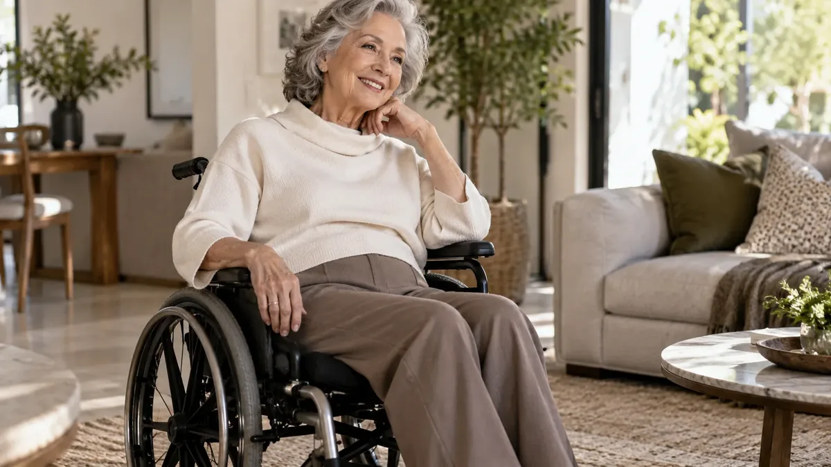 Illustrative photo of an older adult seated in a wheelchair wearing everyday trousers